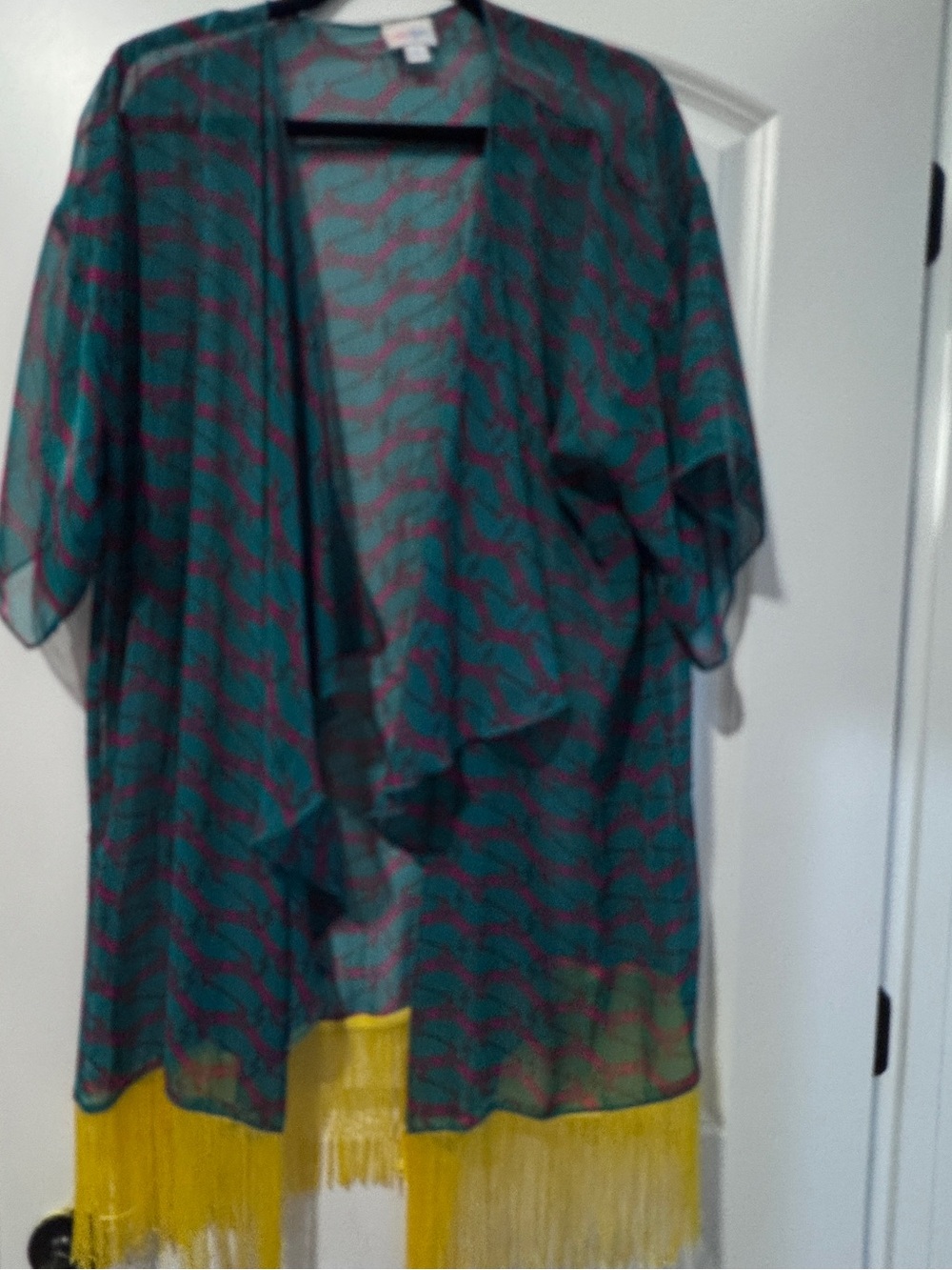 LuLaRoe Monroe Teal & Magenta Duck Print Sheer Kimono with Yellow Fringe